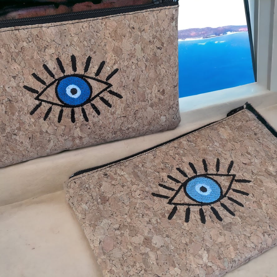 Cork Evil Eye Embroidered Purse - Greek Gift - Evil Eye accessory