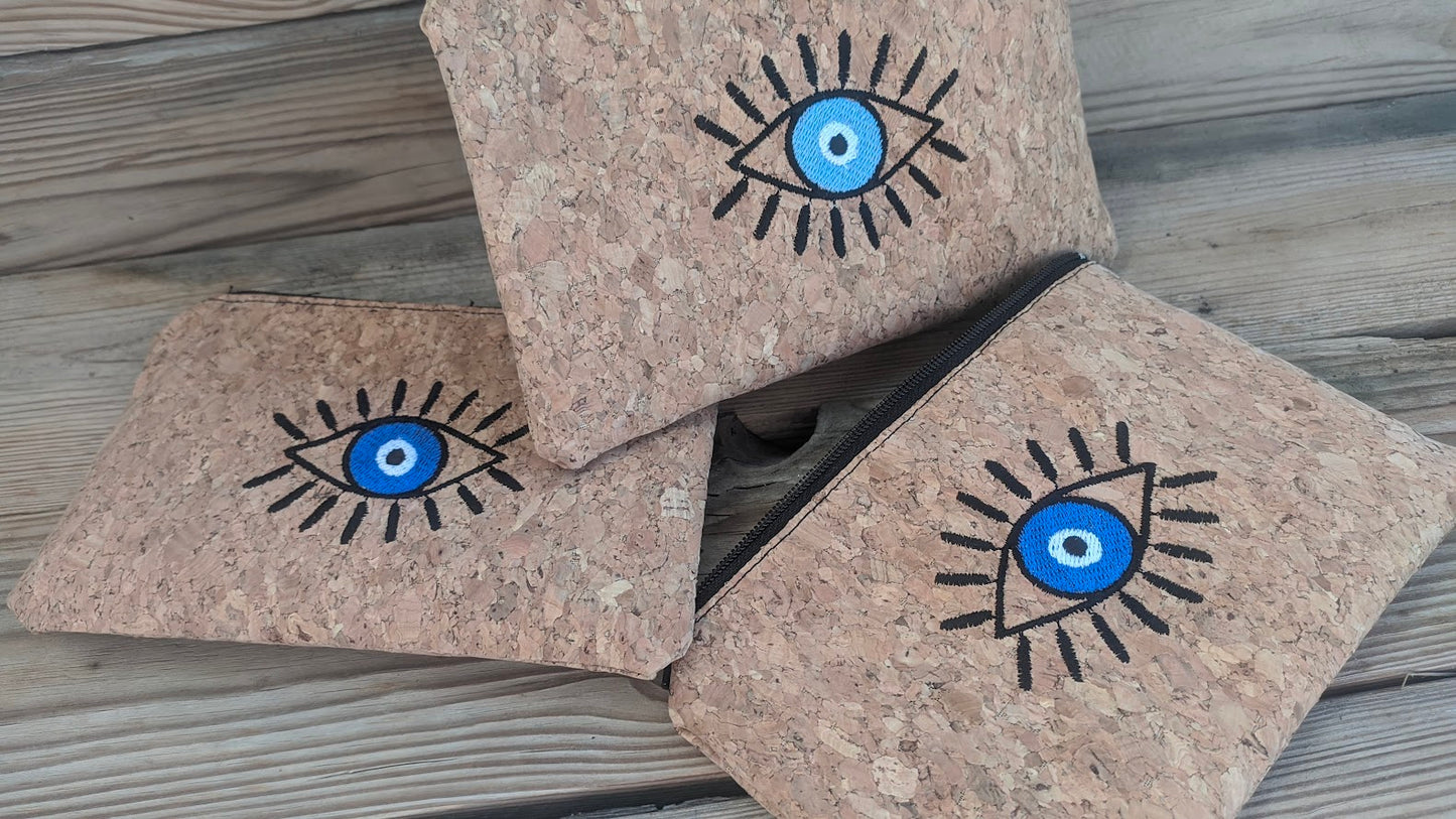 Cork Evil Eye Embroidered Purse - Greek Gift - Evil Eye accessory