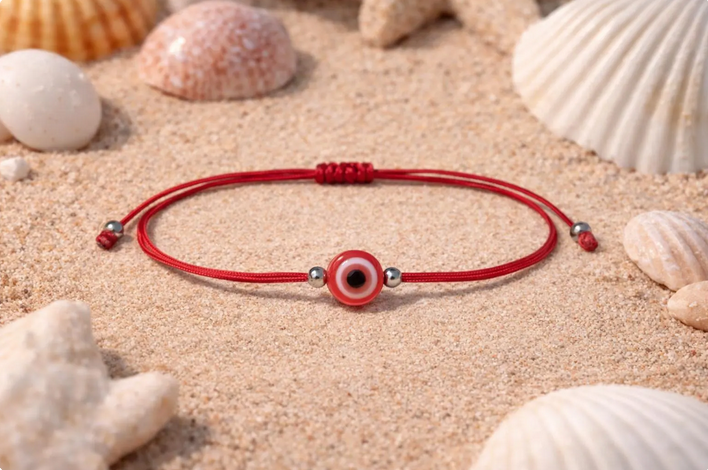 Red cord bracelet with a evil eye charm on sand with seashells