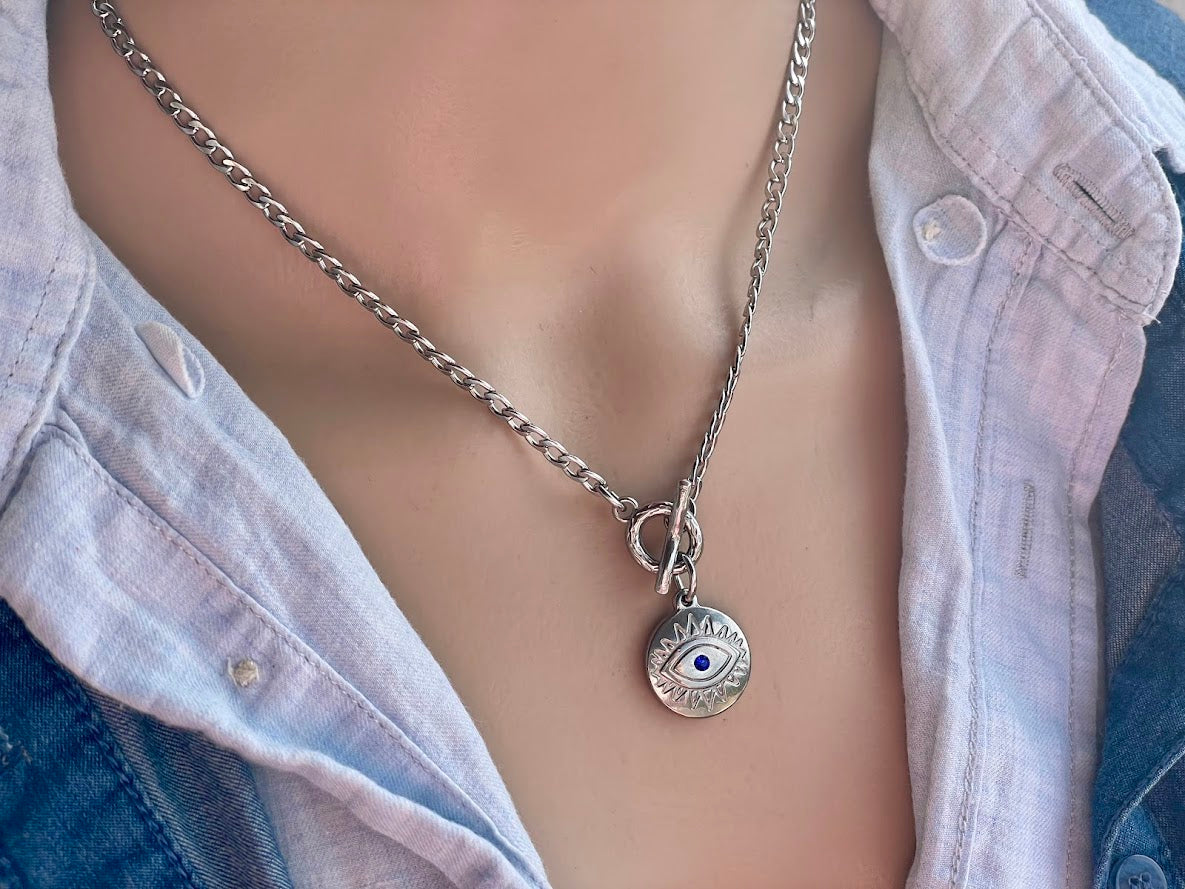 Silver Evil Eye Rhinestone Necklace - Stainless Steel Jewelry - Gift for Her