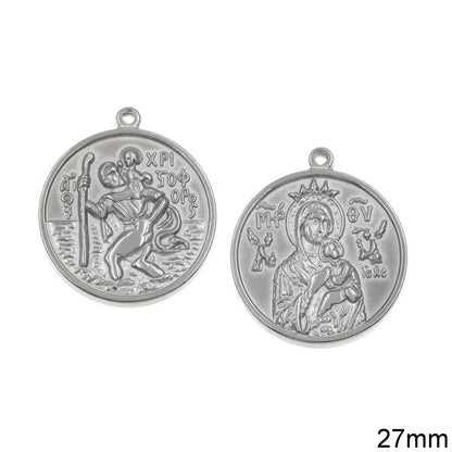 Two silver religious medallions on a white background