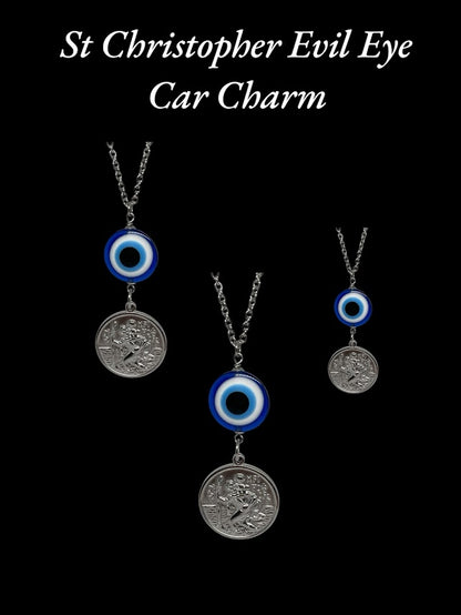 St Christopher Evil Eye Car Charm with blue eye design on a black background
