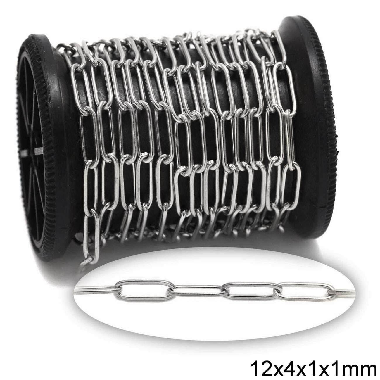 Roll of metal chain with a close-up inset on a white background