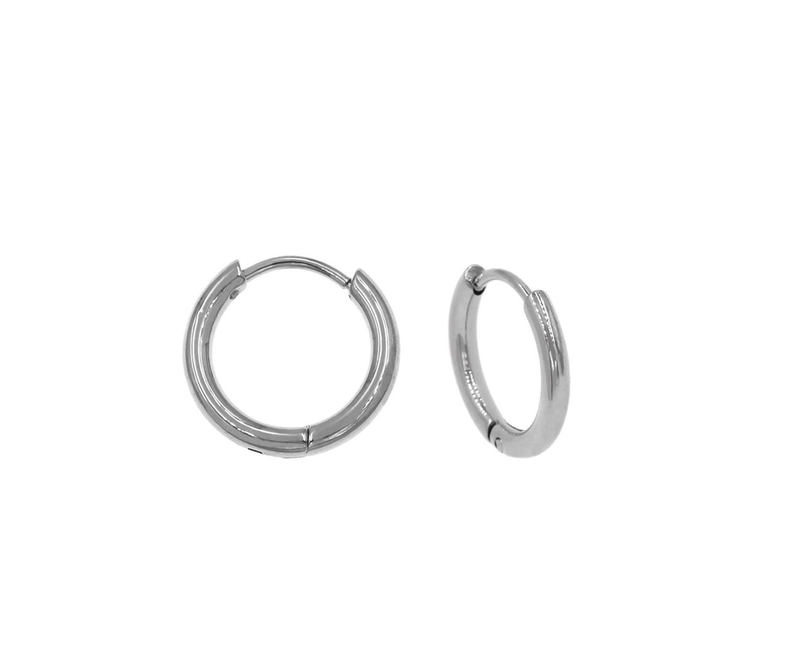 A pair of polished silver hoop earrings shown on a plain white background, with one earring standing upright and the other lying flat.