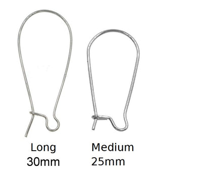 Two metal earring hooks labeled 'Long' and 'Medium' with measurements on a white background.