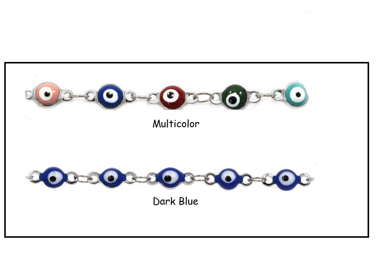 Two bracelets with multicolor and dark blue beads on a white background