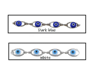 Two bracelets with eye designs labeled 'Dark blue' and 'White' on a white background.