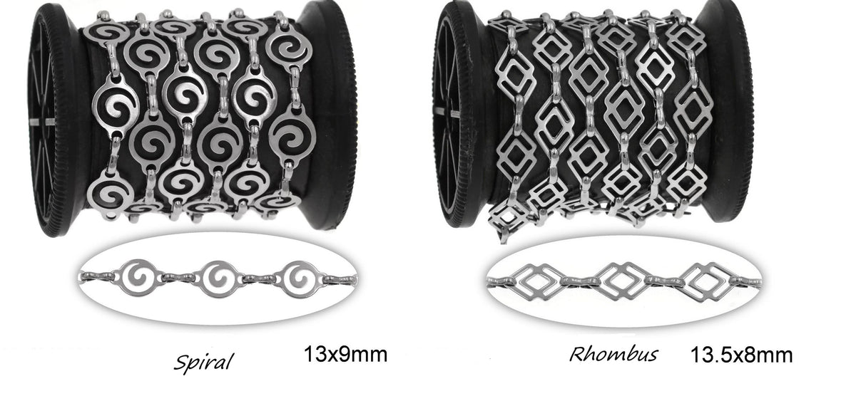 Two stainless metal chain bracelets with spiral and rhombus patterns on a white background.