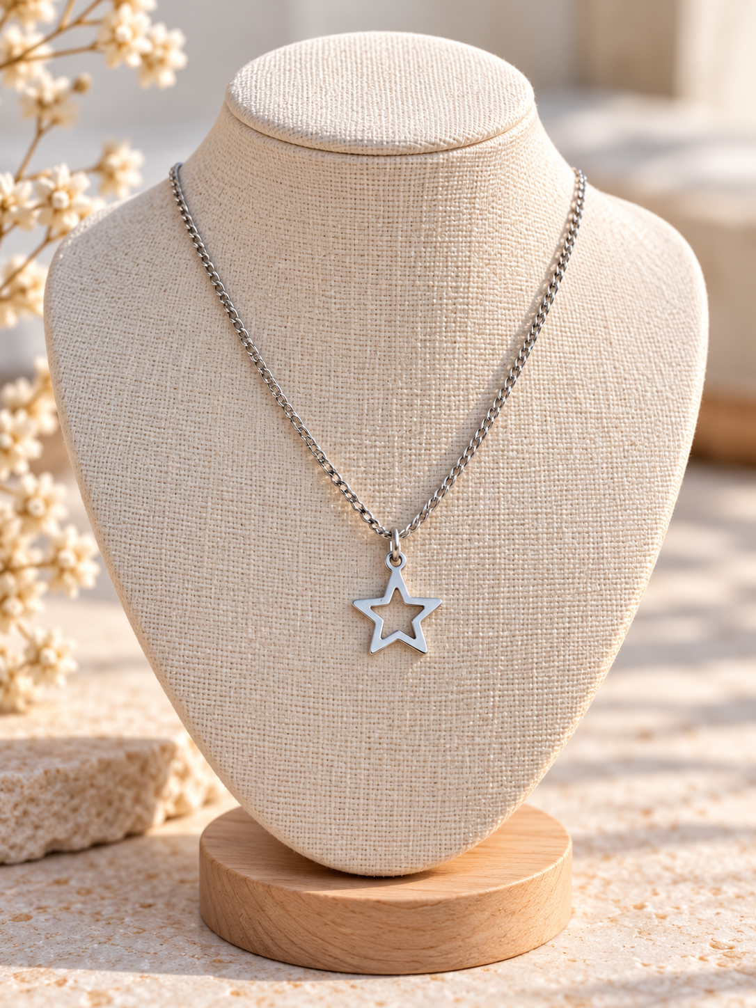 A silver-toned chain necklace with a star-shaped pendant displayed on a beige fabric jewelry bust stand with a wooden base, set against a softly blurred warm-toned background with dried flowers.