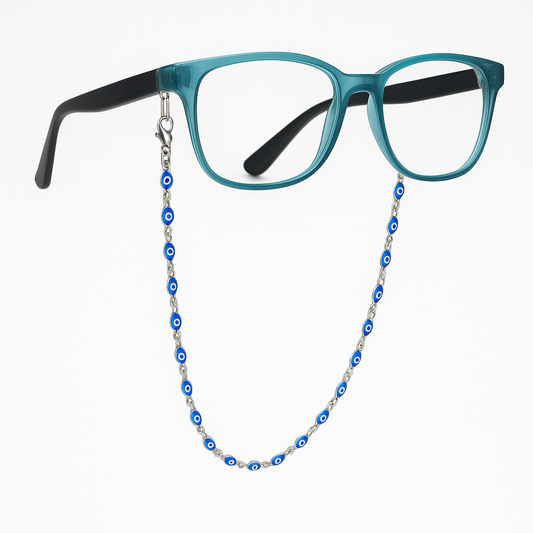 Teal eyeglasses with a blue and silver beaded chain on a white background