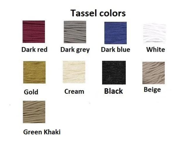 Color swatches for tassels including dark red, dark grey, dark blue, white, gold, cream, black, beige, and green khaki.
