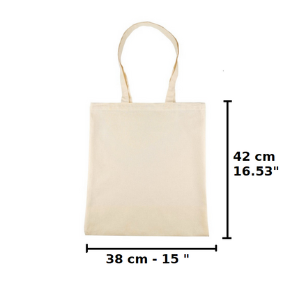 Beige tote bag with measurements on a white background