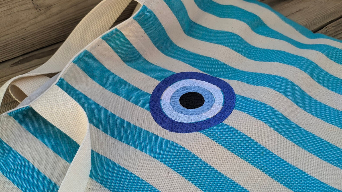 Striped Canvas Tote Bag | Embroidered Summer Bag | Greek Gift