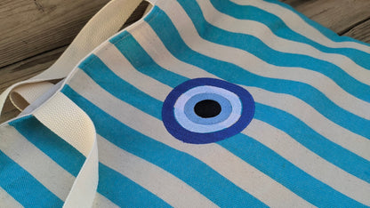 Striped Canvas Tote Bag | Embroidered Summer Bag | Greek Gift
