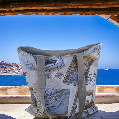 Travel Themed Full-Lined Tote Bag | Greek Summer Gift