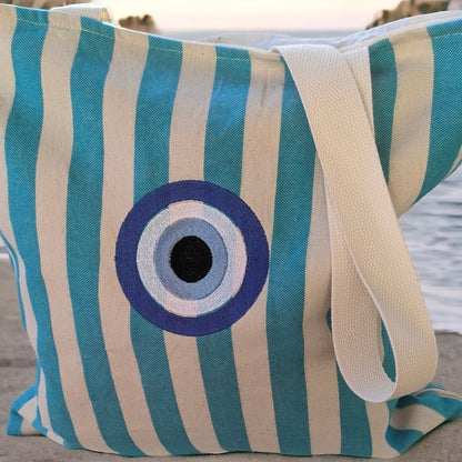 Striped Canvas Embroidered Tote Bag - Summer Bag