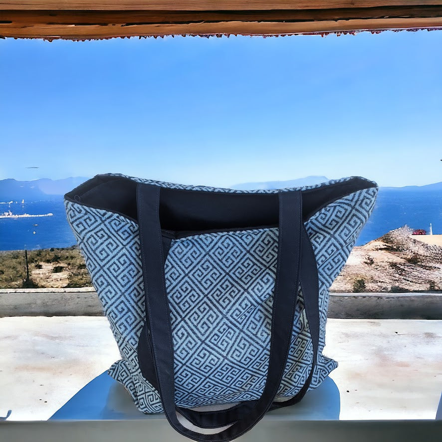 Blue Greek Key Tote Bag - Meander Fully Lined Tote Bag - Greek gift