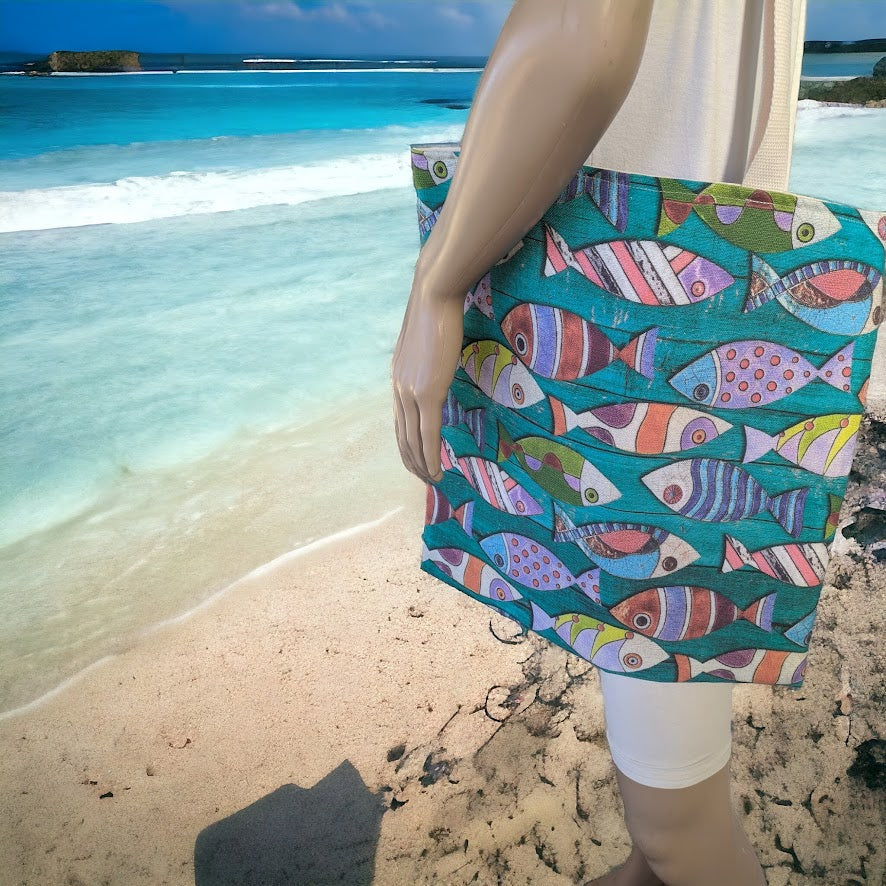 Turquoise Fishes Cotton Lined Tote Bag | Greek Summer Gift