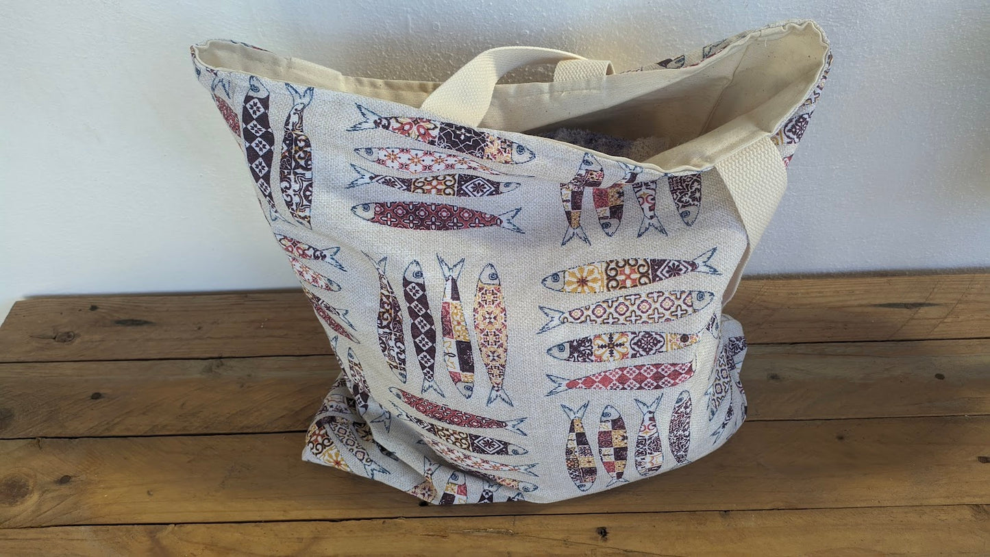 Cotton Sardines Tote Bag - Summer Tote Bag - Ecru, red & Orange - Greek gift