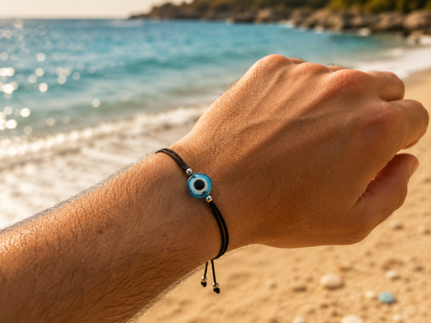 turquoise evil eye Greek bracelet on the beach