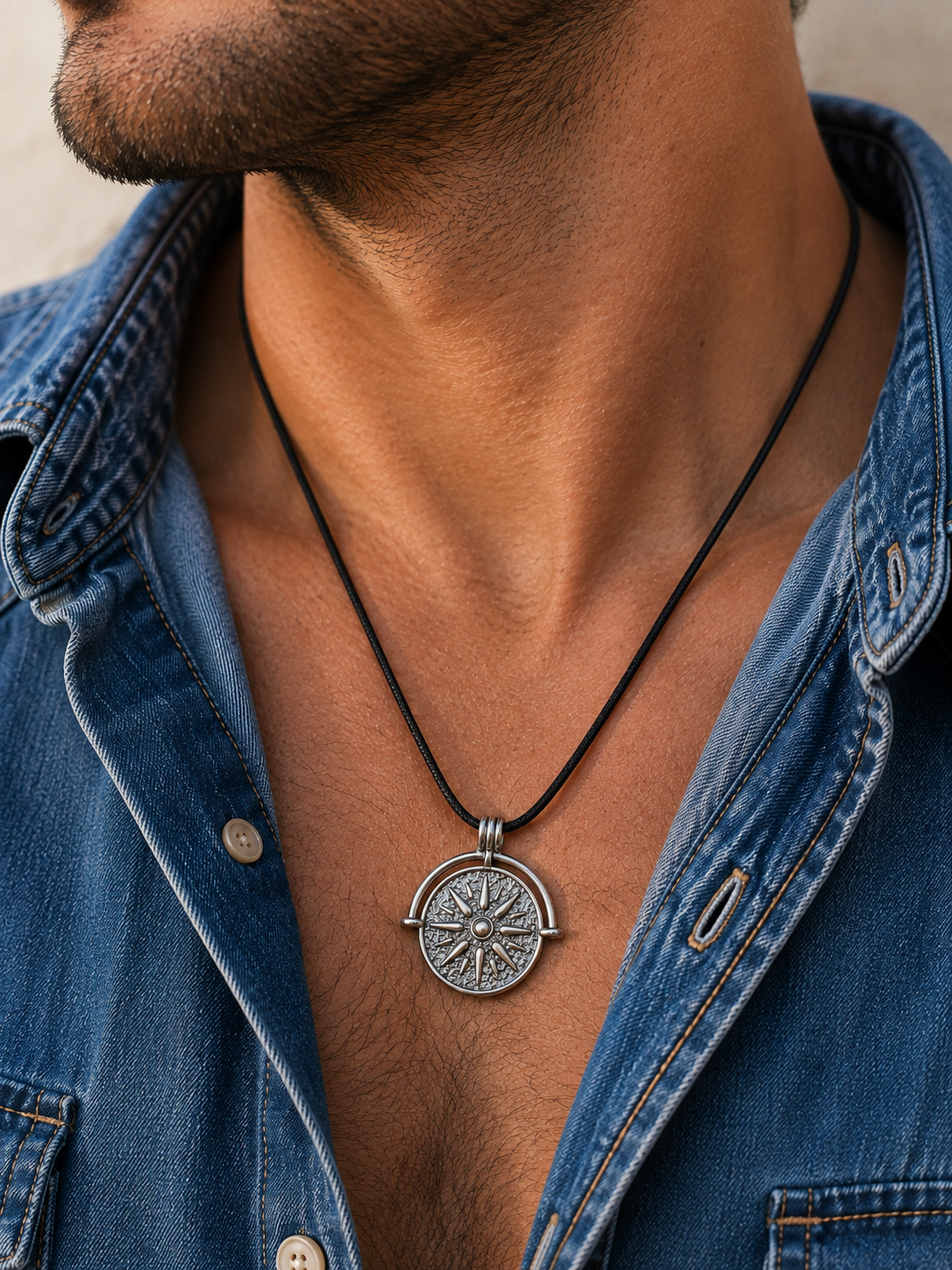 A close-up of a man wearing a silver sun pendant necklace on a black cord, styled with an open blue denim shirt.
