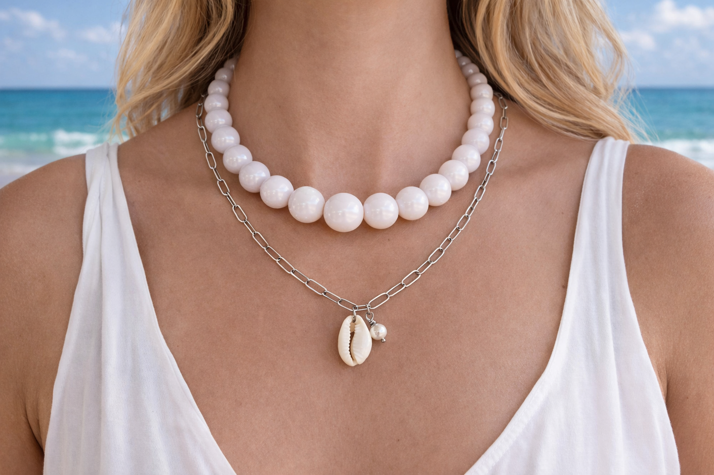 Handmade white statement necklace featuring large acrylic beads, lightweight women's jewelry made in Greece for modern everyday wear.