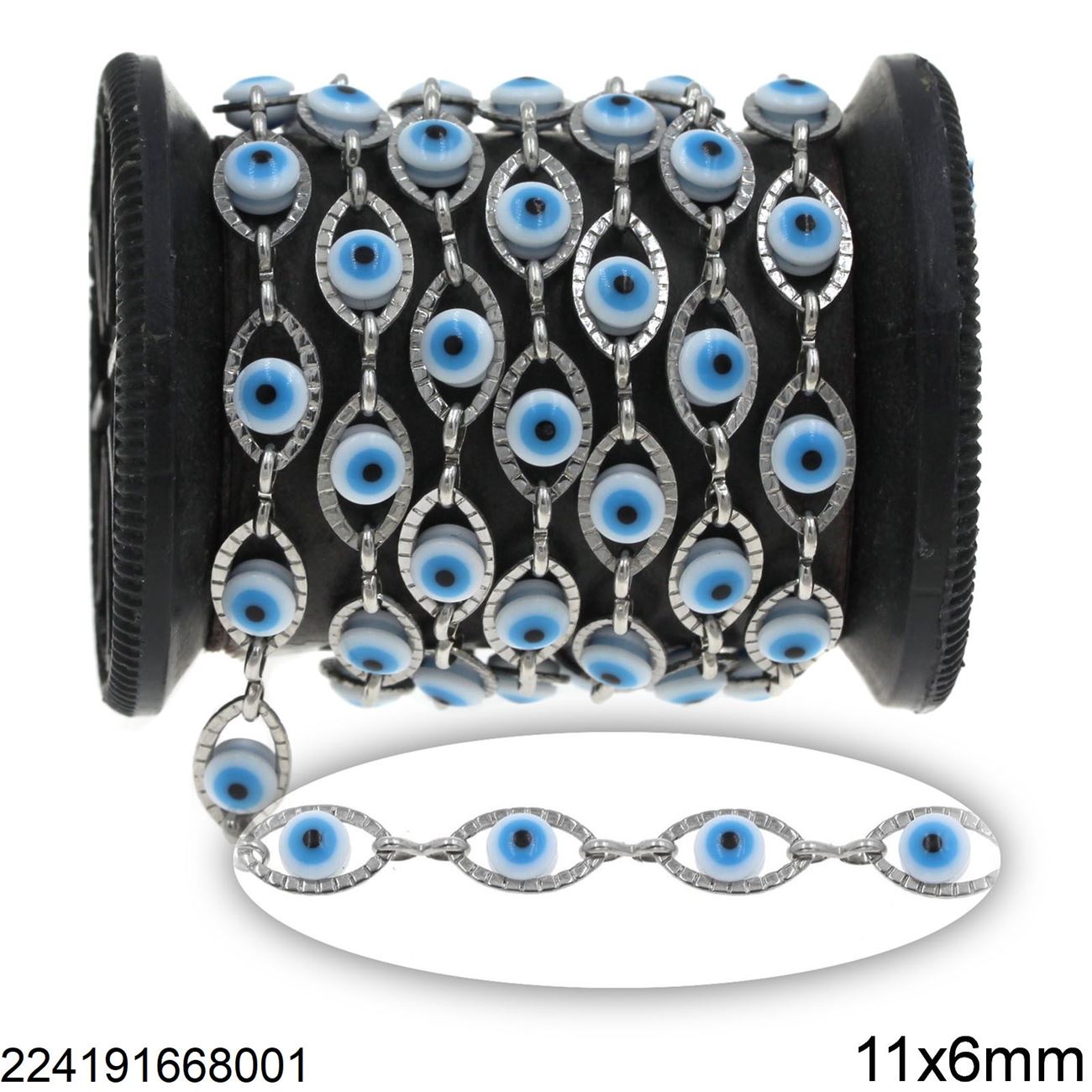 Roll of decorative ribbon with blue eye pattern on a white background