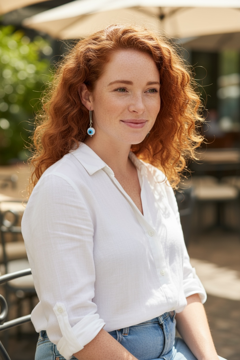 Woman with red hair wearing a white shirt and blue jeans outdoors.