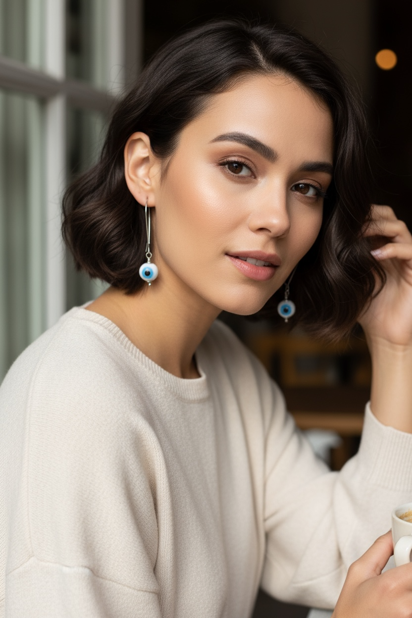 Woman with styled hair holding a cup, wearing earrings.