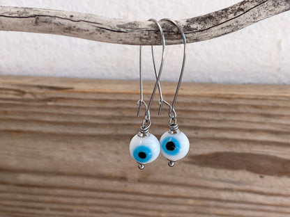 Evil Eye Dangle Earrings - Stainless Steel & Glass Beads - 3 Colors to Choose From