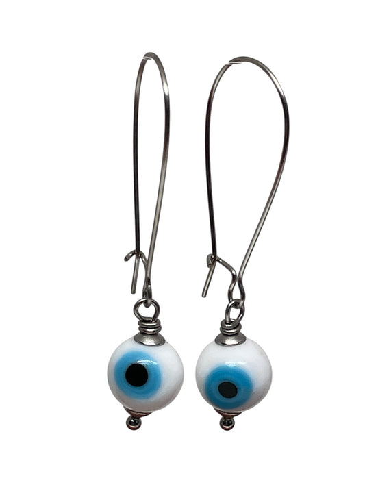 Evil Eye Dangle Earrings - Stainless Steel & Glass Beads - 3 Colors to Choose From