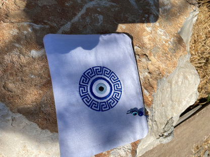 White Embroidered Evil Eye Zip Pouch | Greek Key Design