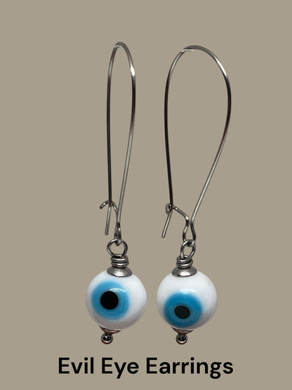 Evil Eye Dangle Earrings - Stainless Steel & Glass Beads - 3 Colors to Choose From
