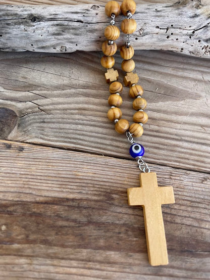 Wooden Evil Eye Cross Car Charm - Rearview Cross Charm - Car Accessories