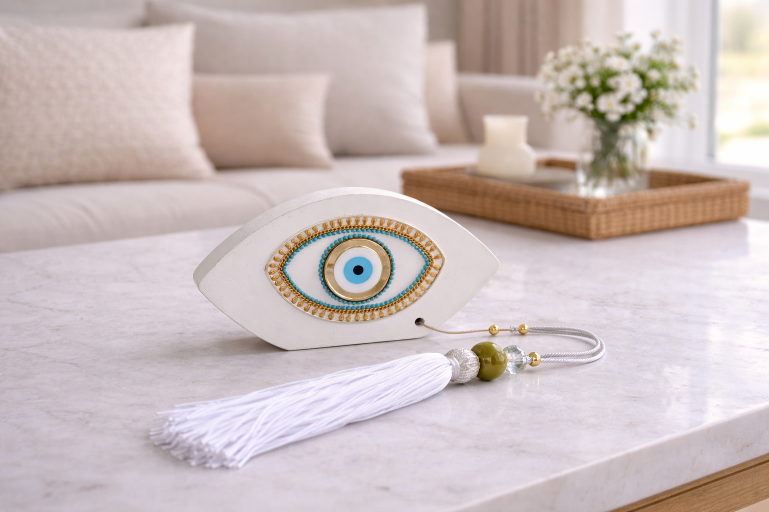 Decorative eye-shaped object with tassel on a surface, possibly a table or shelf.