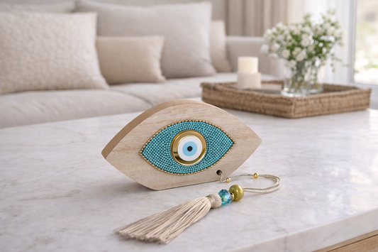 Decorative eye-shaped object with tassel on a marble surface in a living room setting.