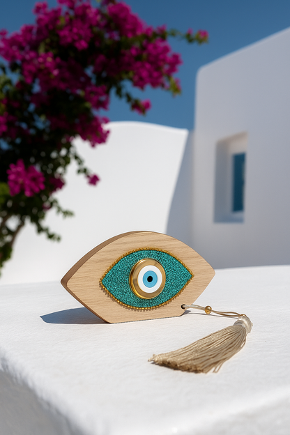 Decorative eye-shaped object with tassel on a white surface with flowers and building in the background