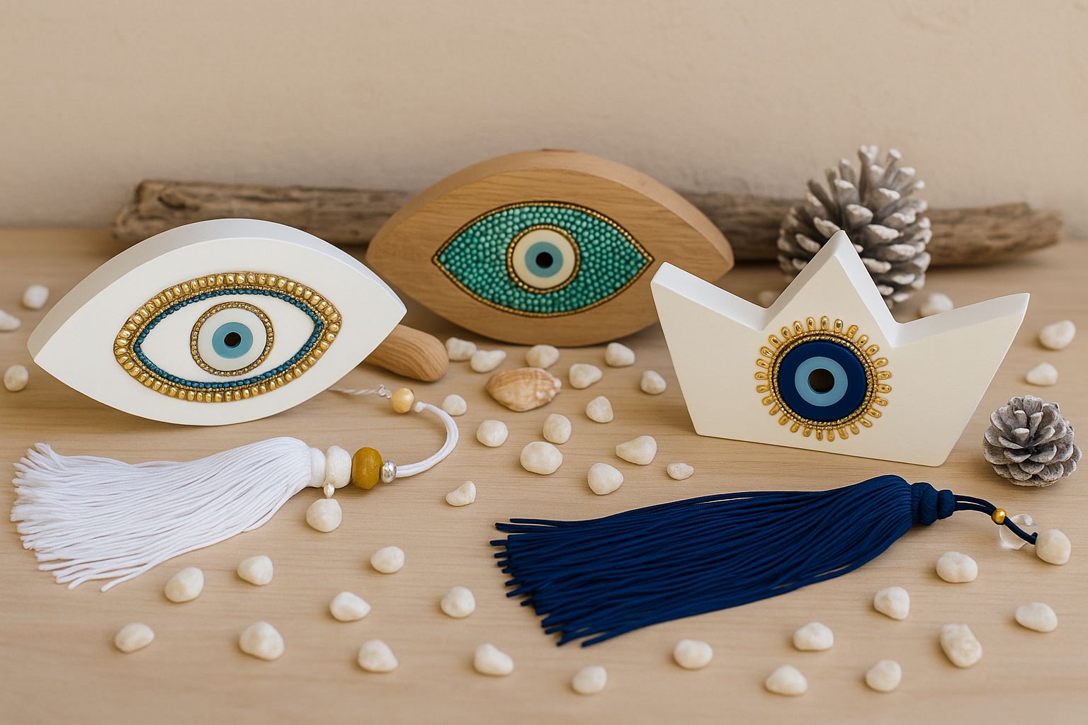 Decorative items including eye-shaped objects and tassels on a wooden surface with pebbles.
