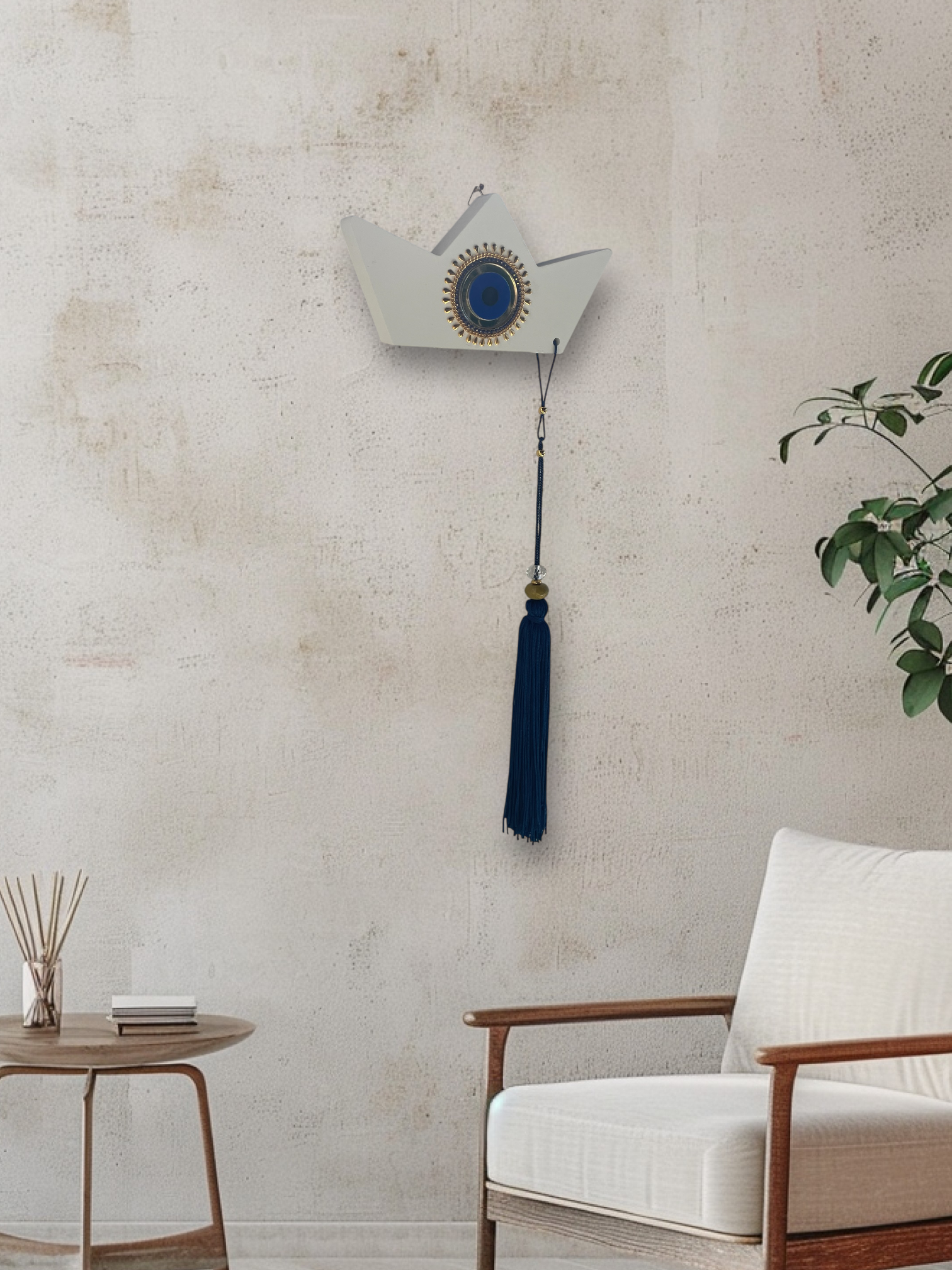 Decorative wall hanging with tassel in a living room setting