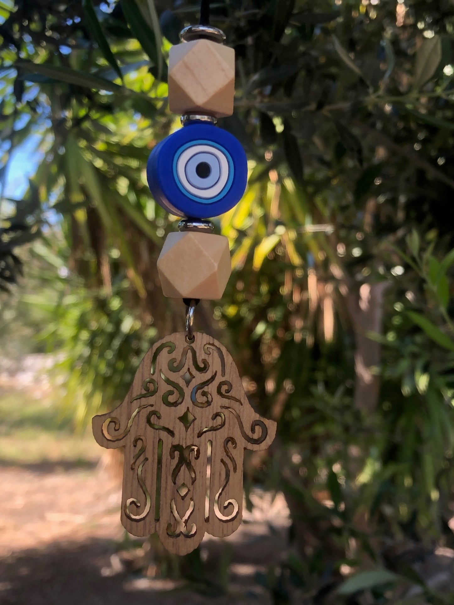 Wooden Hamsa Evil Eye Mirror Charm - New Driver Gift