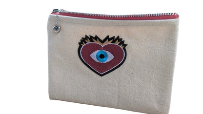 Pochette brodée Oeil Coeur – Pochette Oeil Bleue – Cadeau grec