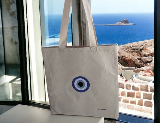 Sac fourre-tout brodé en toile - ToteBag Oeil Bleu - Cadeau grec