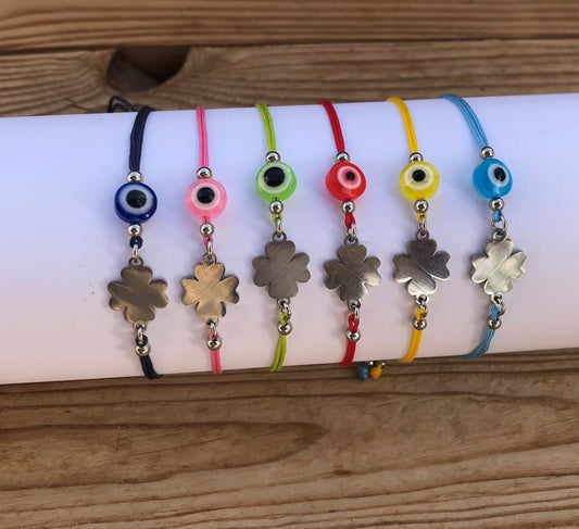 Bracelet Trèfle Oeil Bleu - Six couleurs au choix - Bracelet porte-bonheur