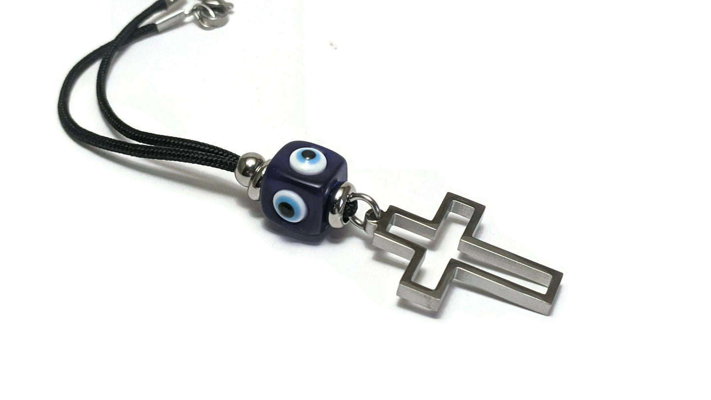 Bijou de Retroviseur Croix et Oeil Bleu - Protection de la Voiture