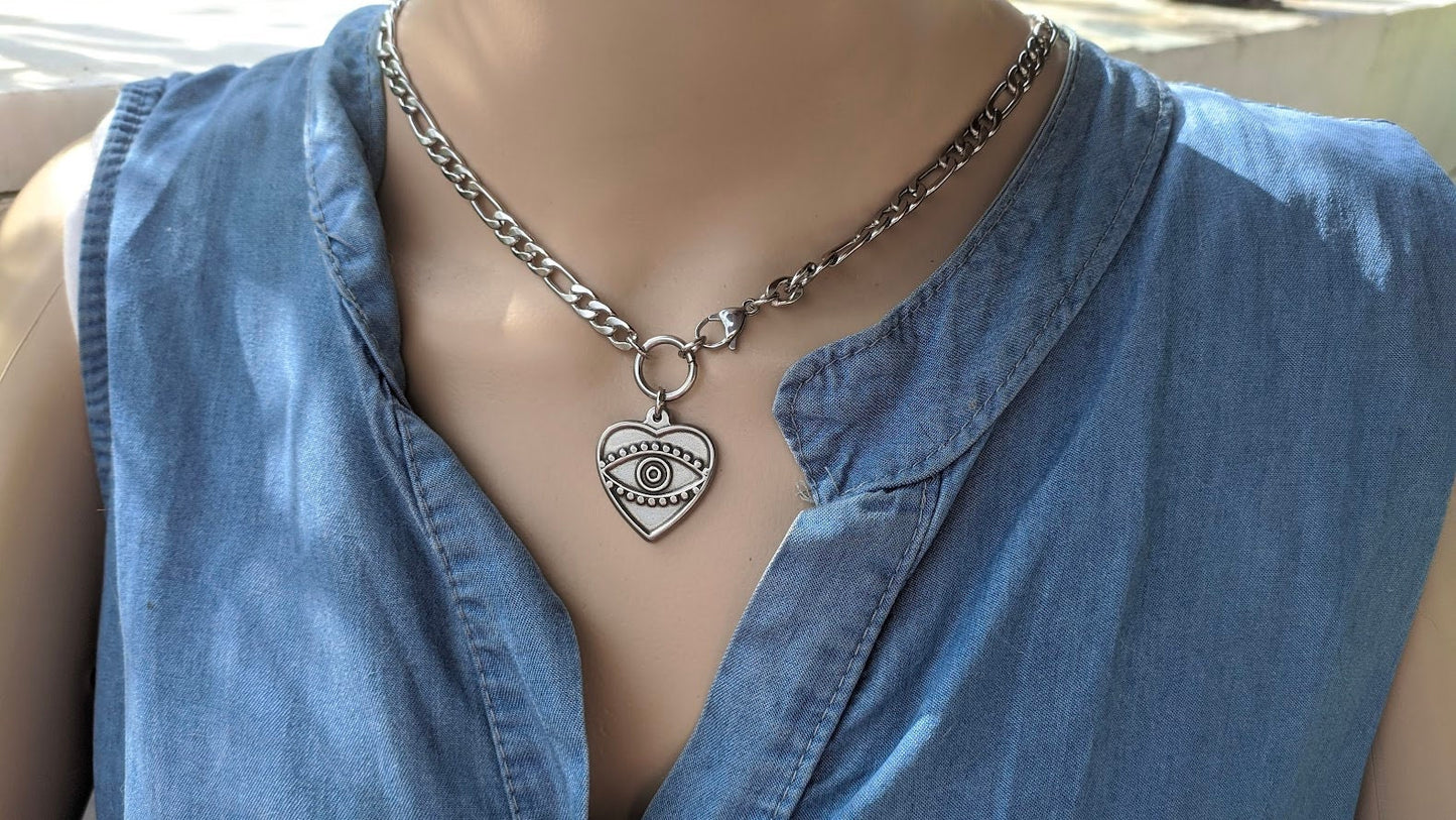 Evil Eye Heart Necklace – Stainless Steel Figaro Chain Necklace - Gift for Her