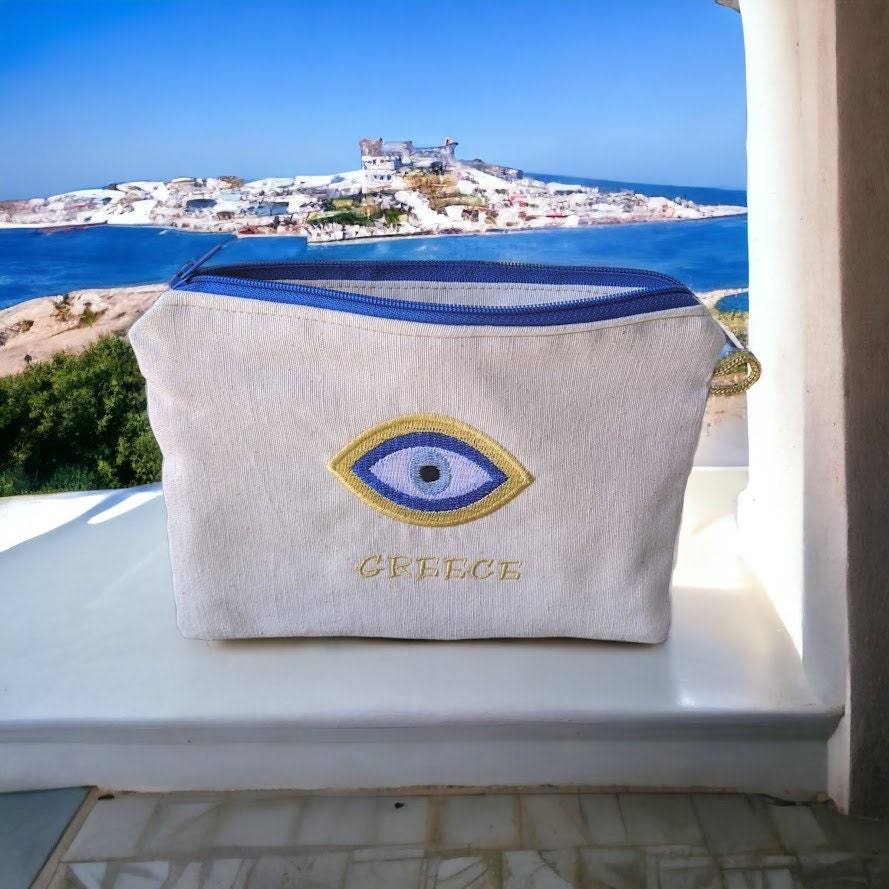 Pochette brodée oeil bleu – Pochette tissus  – Cadeau grec