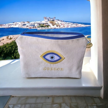 Pochette brodée oeil bleu – Pochette tissus  – Cadeau grec