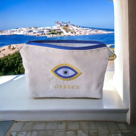 Pochette brodée oeil bleu – Pochette tissus  – Cadeau grec
