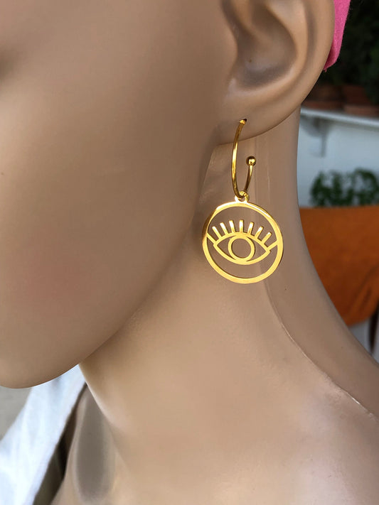 Boucles d’Oreilles Oeil Bleu en Acier Doré - Cadeau grec