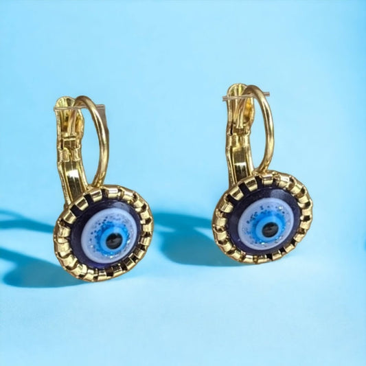 Boucles d’oreilles Oeil Bleu en Acier Doré 